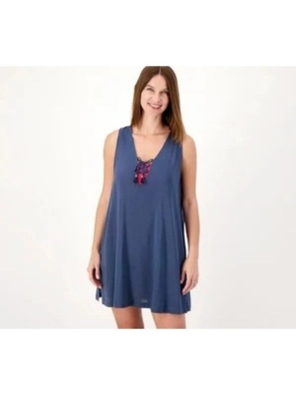 Jantzen Cover Up Dress Large Sleeveless Lace Up Woven Marine Blue Beachwear NEW